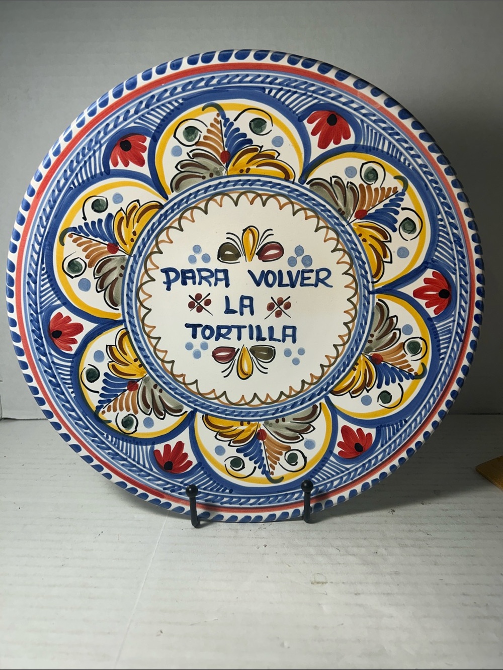 Hand-Painted Ceramic Wall Plate — Blue, Yellow & Red Decorative Plaque